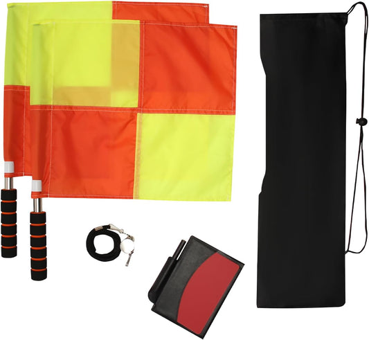Soccer referee set - 2-piece blocked soccer flag - Red and yellow referee cards - With storage bag - Stainless steel whistle with black lanyard.