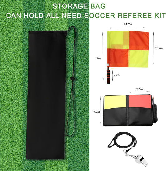 Soccer referee set - 2-piece blocked soccer flag - Red and yellow referee cards - With storage bag - Stainless steel whistle with black lanyard.