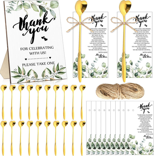 Party gifts - Wedding - Tea strainers - 25 pieces - Heart-shaped spoons - Stainless steel - Coffee and dessert spoons - Green plants for weddings - Thank you tape and string.