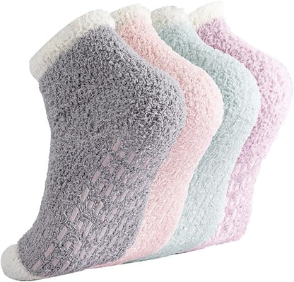 Non-slip socks - Coral fleece socks - with grip - lint-free - suitable for ladies - 4 pairs - gift.