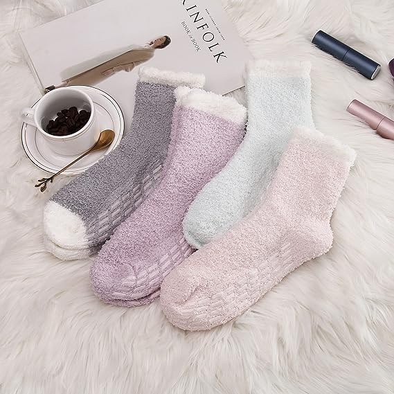 Non-slip socks - Coral fleece socks - with grip - lint-free - suitable for ladies - 4 pairs - gift.
