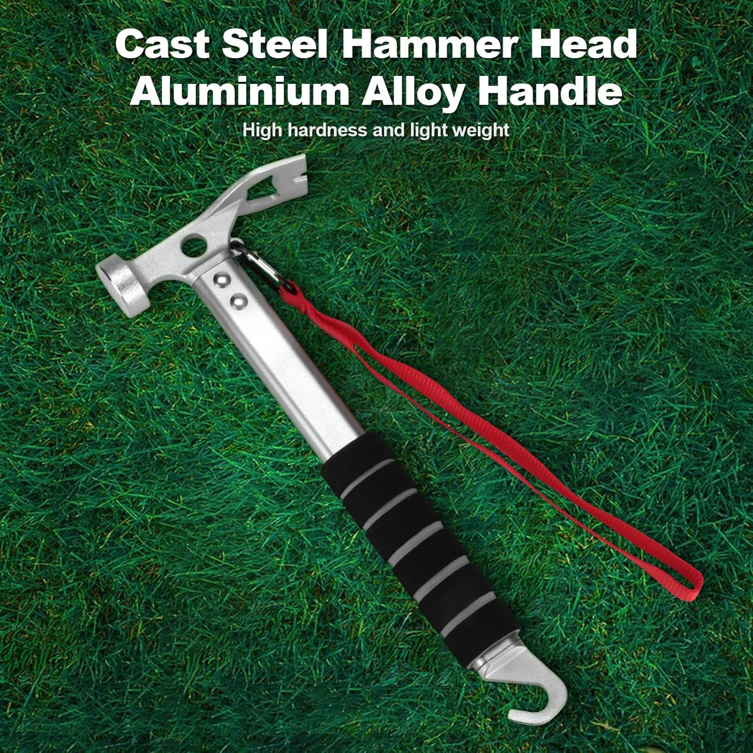 Campinghamer - 3-in-1 - Functional tent peg hammer with puller - For camping, hiking and backpacking - Sponge handle - Non-slip and shock-resistant - Grey - 29.5*11 cm.