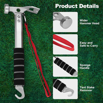 Campinghamer - 3-in-1 - Functional tent peg hammer with puller - For camping, hiking and backpacking - Sponge handle - Non-slip and shock-resistant - Grey - 29.5*11 cm.