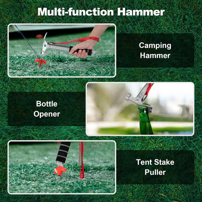 Campinghamer - 3-in-1 - Functional tent peg hammer with puller - For camping, hiking and backpacking - Sponge handle - Non-slip and shock-resistant - Grey - 29.5*11 cm.