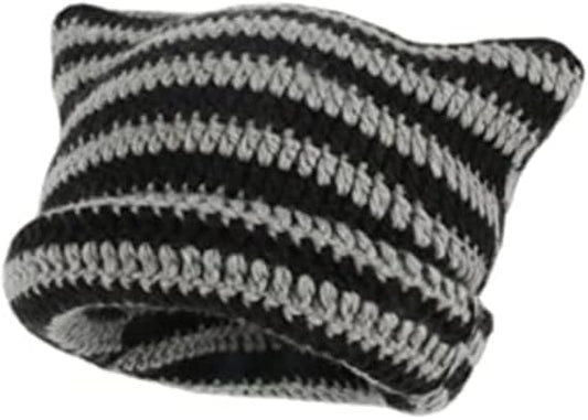 Kitten Hat - Cat Ear Hat - Black, White and Grey - Knitted Beanie - Rimless Beanie - Vintage - Ladies' Accessories - Winter Essentials - Y2K Accessories.
