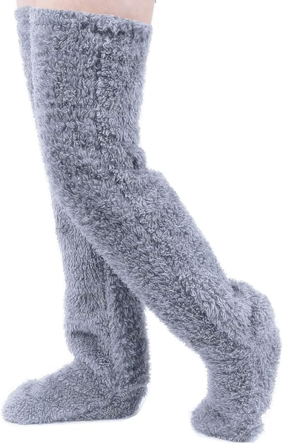 Home Socks - Overknee Fleece Socks - 55cm - Fleece Slipper Socks - Fluffy - Long Leg - Warm Pants - Winter - Home Sleep Socks - Light Grey.