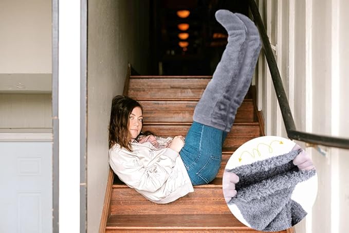 Home Socks - Overknee Fleece Socks - 55cm - Fleece Slipper Socks - Fluffy - Long Leg - Warm Pants - Winter - Home Sleep Socks - Light Grey.