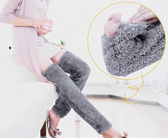 Home Socks - Overknee Fleece Socks - 55cm - Fleece Slipper Socks - Fluffy - Long Leg - Warm Pants - Winter - Home Sleep Socks - Light Grey.