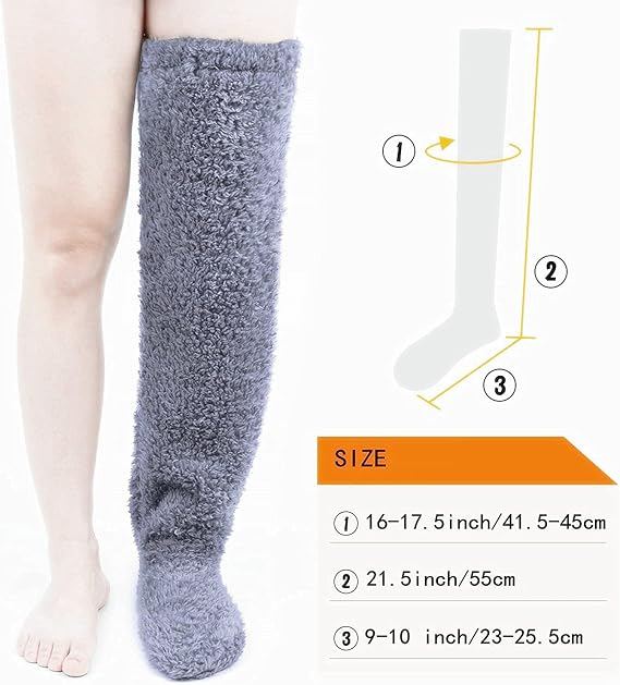 Home Socks - Overknee Fleece Socks - 55cm - Fleece Slipper Socks - Fluffy - Long Leg - Warm Pants - Winter - Home Sleep Socks - Light Grey.