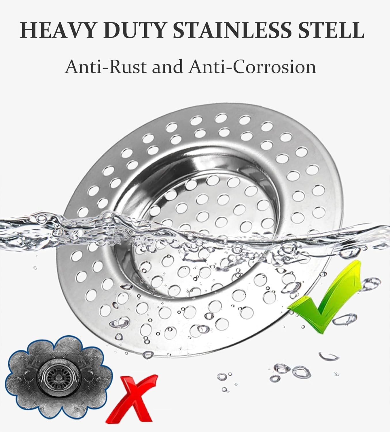 RVS kitchen drain plug - standard drain plug and hair/food catcher for bathroom - kitchen and shower (7.6 cm outer diameter - 4.5 cm inner diameter - 2-pack).