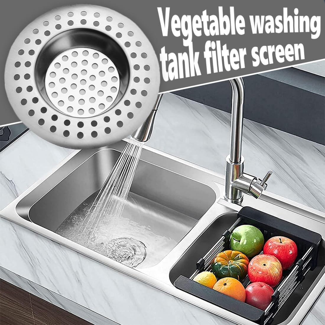 RVS kitchen drain plug - standard drain plug and hair/food catcher for bathroom - kitchen and shower (7.6 cm outer diameter - 4.5 cm inner diameter - 2-pack).