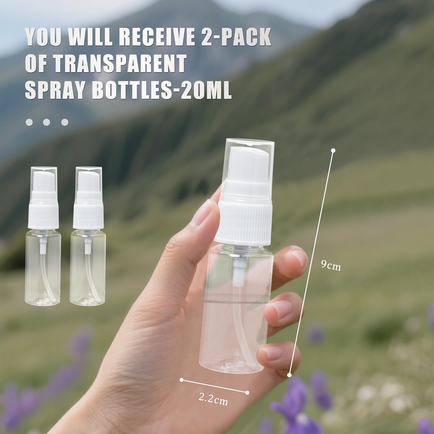 20 ml spray bottle - 2 mini spray bottles in travel size - clear plastic fine mist sprayer - compact travel-sized toiletries and cosmetics for vacation.