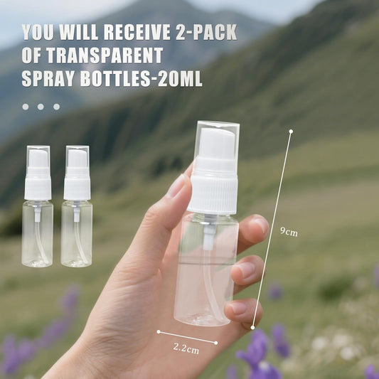 20 ml spray bottle - 2 mini spray bottles in travel size - clear plastic fine mist sprayer - compact travel-sized toiletries and cosmetics for vacation.