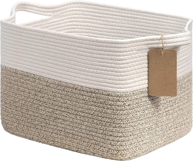 Woven storage basket - cotton rope basket for closet organizer - square shelf basket for toys - books - shoes - decorative empty gift basket for home bathroom decor - 33x25x22.5 cm - brown. Hover Image