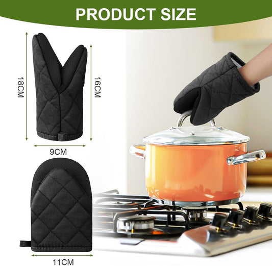 1 pair of short oven mitts made of neoprene cotton - black - with non-slip surface and hanging loop - suitable for cooking, baking and grilling
