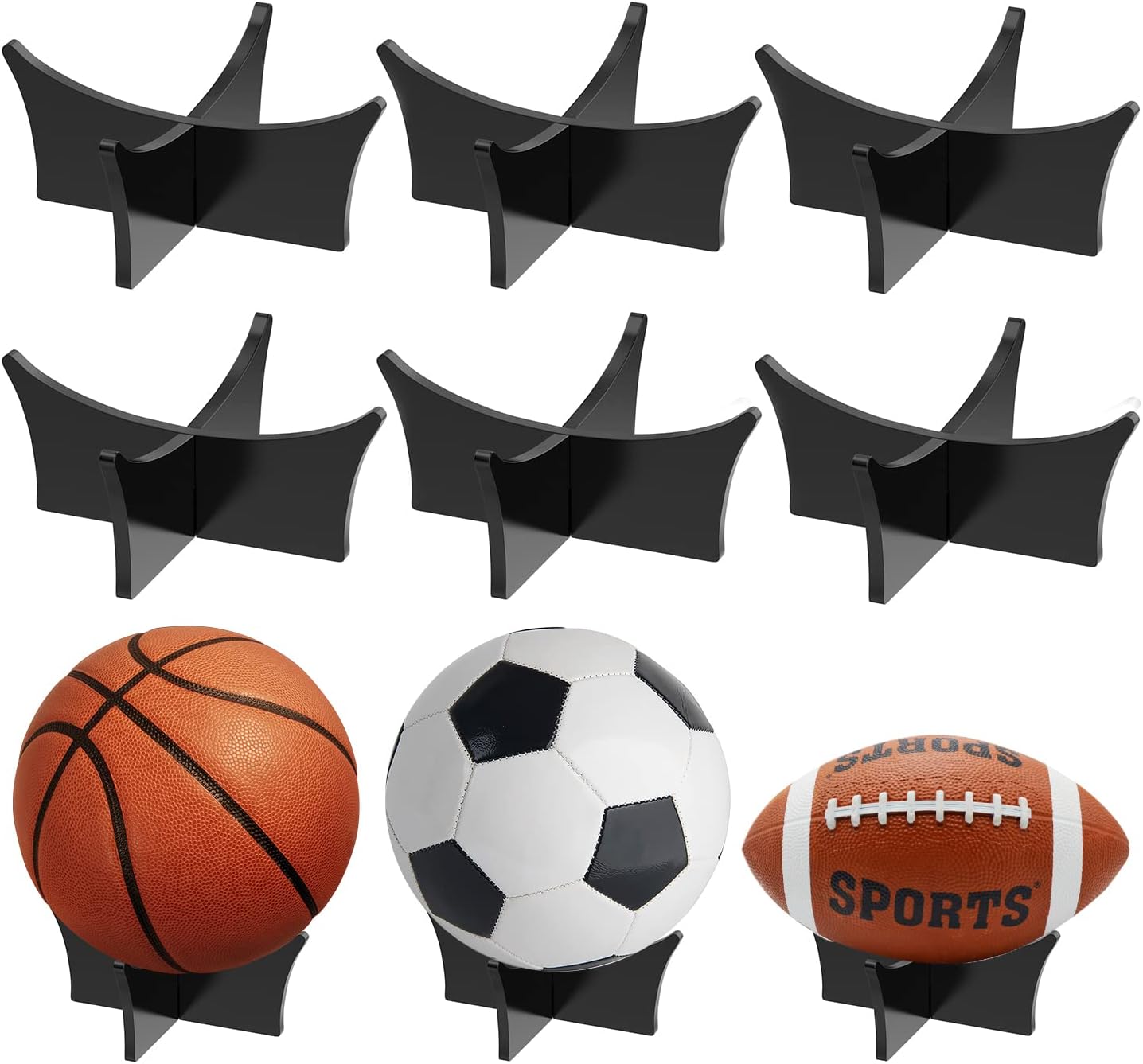 Ball Standard - Acrylic - Football, Basketball, Soccer, Volleyball, Rugby, etc. Display Standard - Ball Holders - 6 pieces - Black.