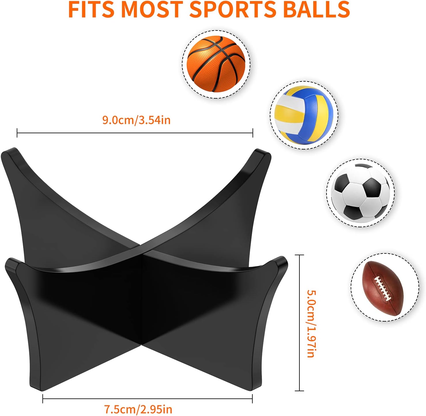 Ball Standard - Acrylic - Football, Basketball, Soccer, Volleyball, Rugby, etc. Display Standard - Ball Holders - 6 pieces - Black.