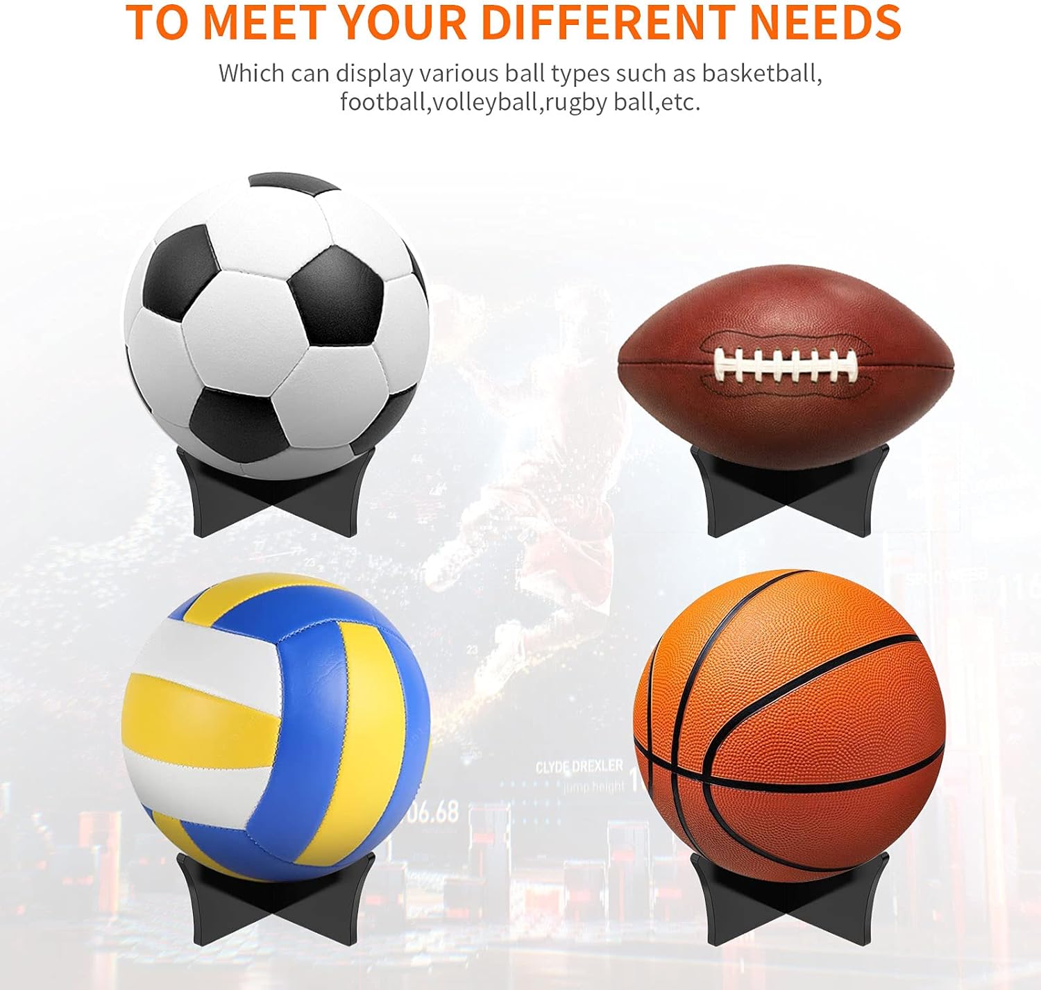 Ball Standard - Acrylic - Football, Basketball, Soccer, Volleyball, Rugby, etc. Display Standard - Ball Holders - 6 pieces - Black.
