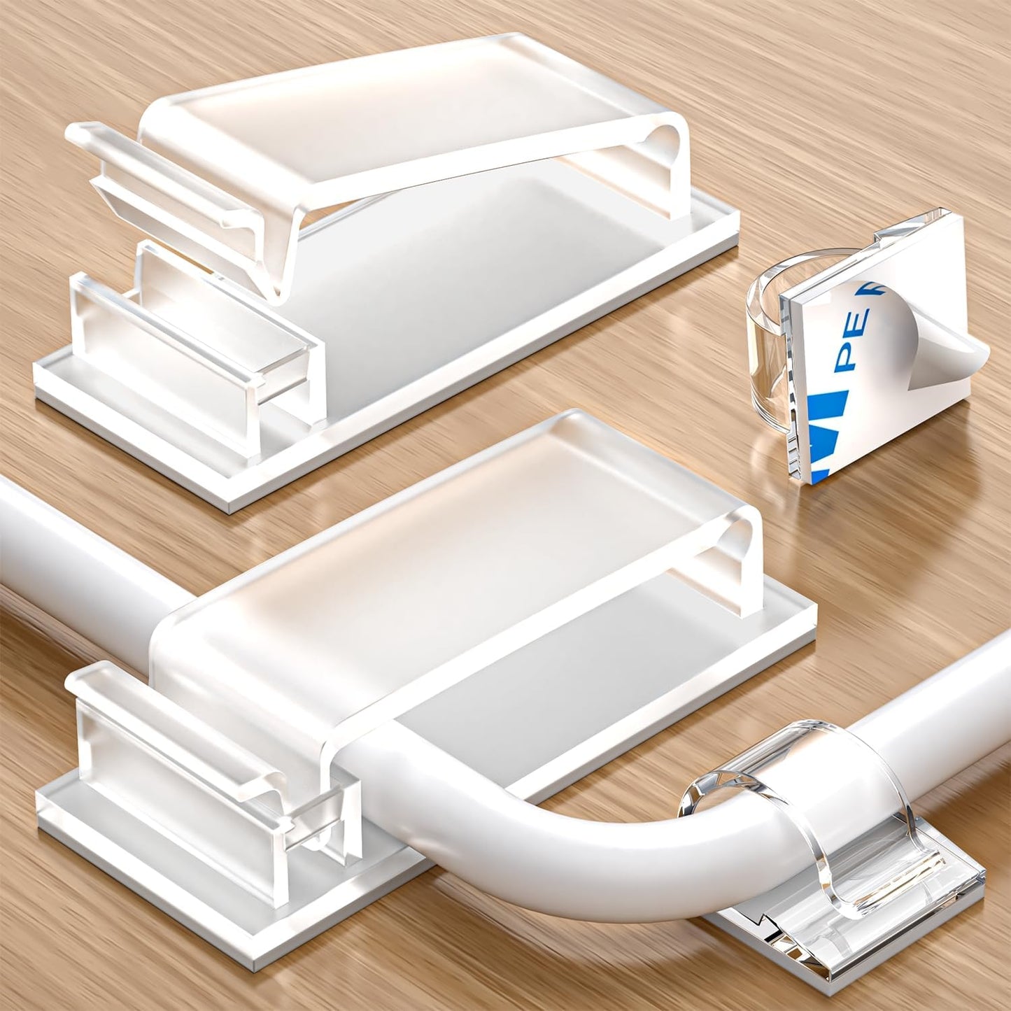 70 self-adhesive cable clips - 50 small + 20 large self-adhesive cable organizers - plastic cable organizer clips for organizing cables on the wall - on the desk and in the home office (clear).