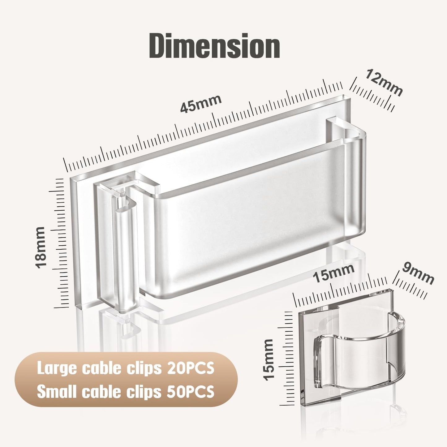 70 self-adhesive cable clips - 50 small + 20 large self-adhesive cable organizers - plastic cable organizer clips for organizing cables on the wall - on the desk and in the home office (clear).