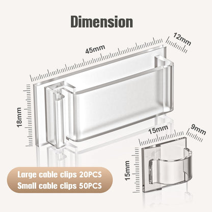 70 self-adhesive cable clips - 50 small + 20 large self-adhesive cable organizers - plastic cable organizer clips for organizing cables on the wall - on the desk and in the home office (clear).