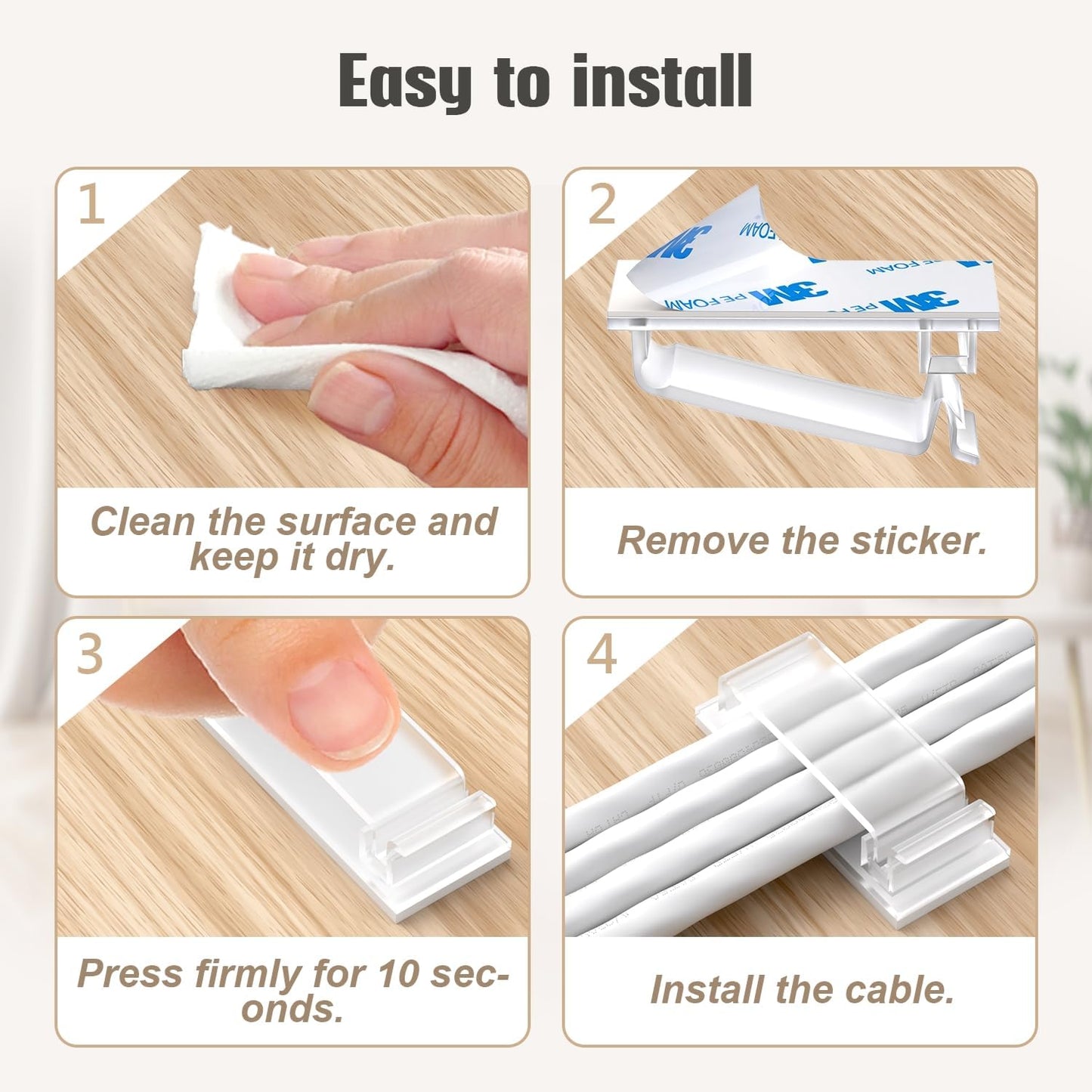 70 self-adhesive cable clips - 50 small + 20 large self-adhesive cable organizers - plastic cable organizer clips for organizing cables on the wall - on the desk and in the home office (clear).