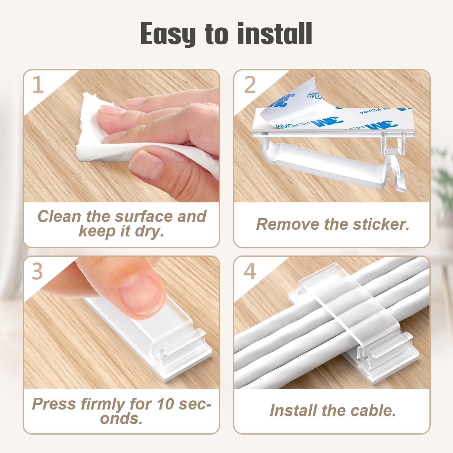 70 self-adhesive cable clips - 50 small + 20 large self-adhesive cable organizers - plastic cable organizer clips for organizing cables on the wall - on the desk and in the home office (clear).