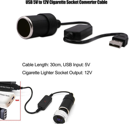 USB A male to 12V car cigarette lighter female adapter cable (max. 8W).