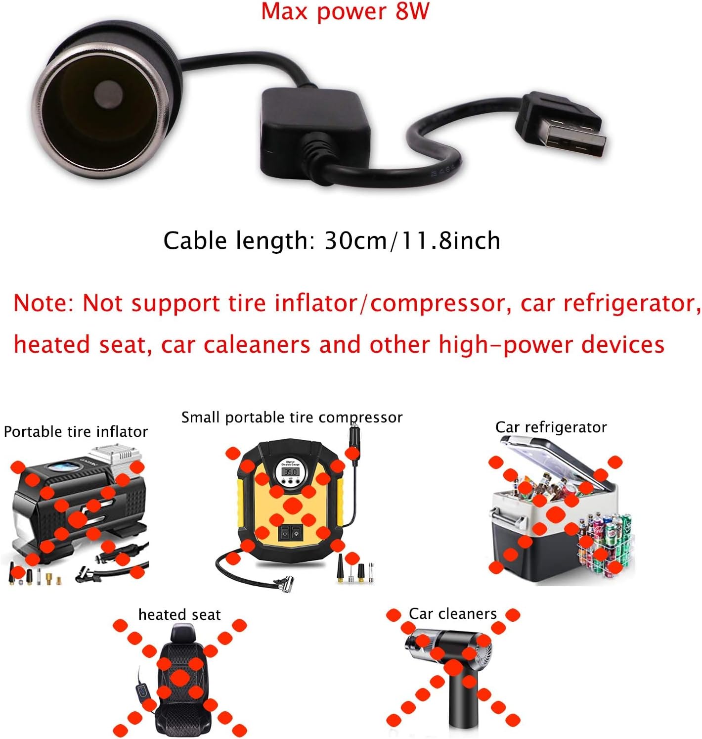 USB A male to 12V car cigarette lighter female adapter cable (max. 8W).