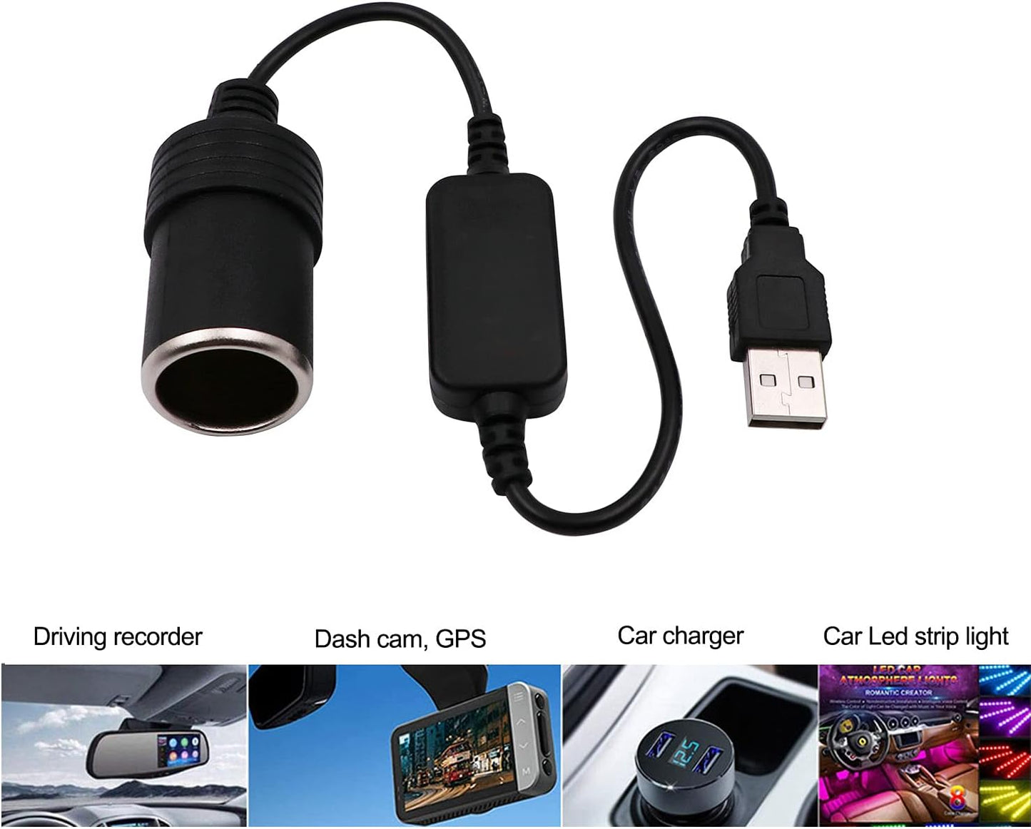 USB A male to 12V car cigarette lighter female adapter cable (max. 8W).