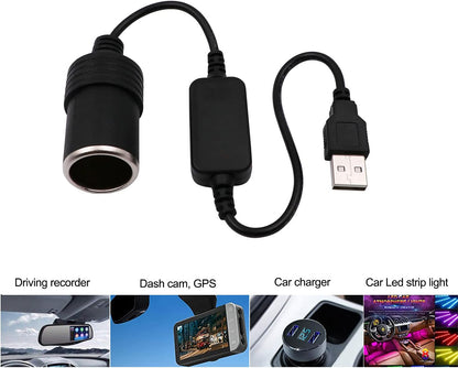 USB A male to 12V car cigarette lighter female adapter cable (max. 8W).
