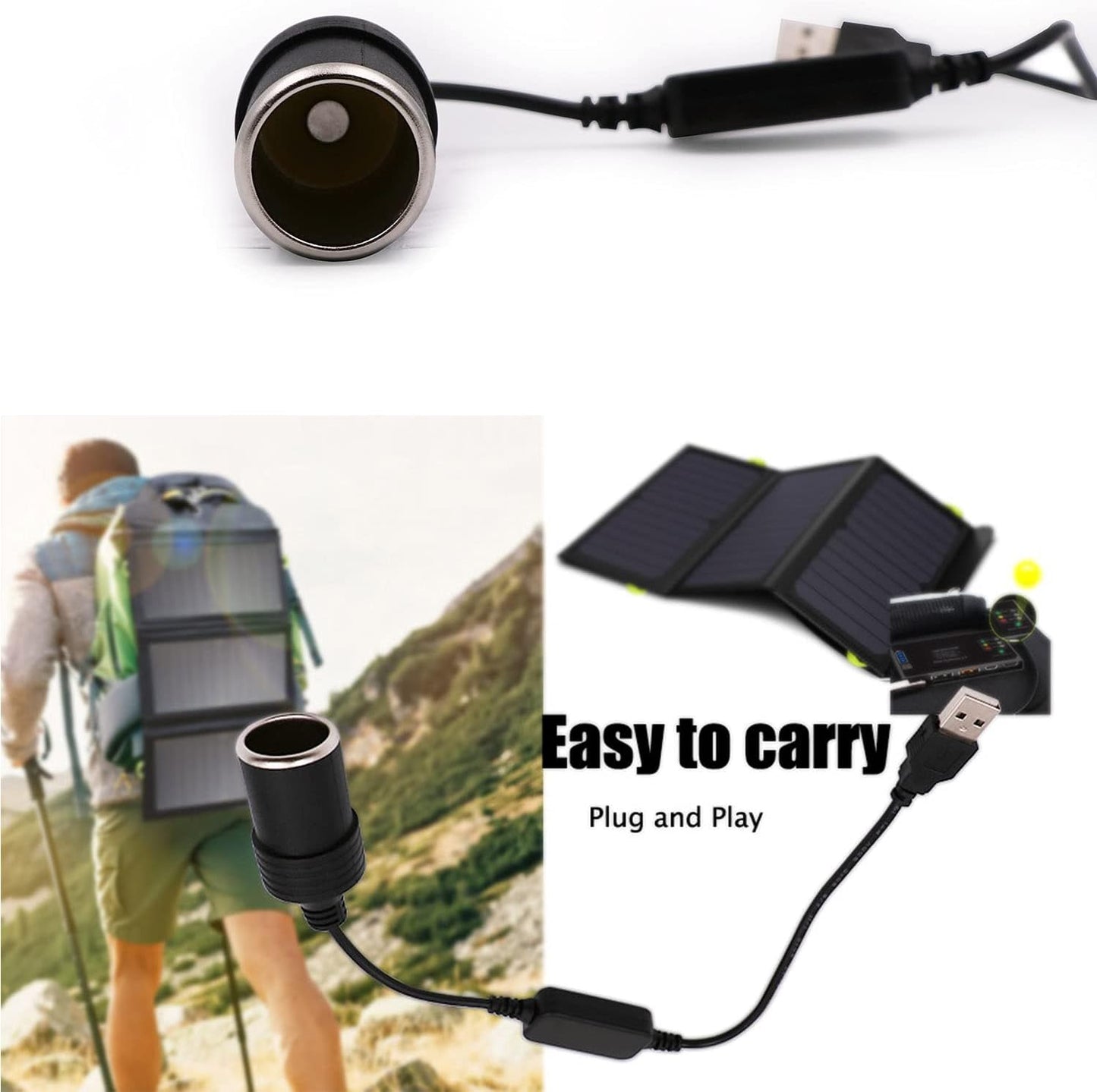 USB A male to 12V car cigarette lighter female adapter cable (max. 8W).