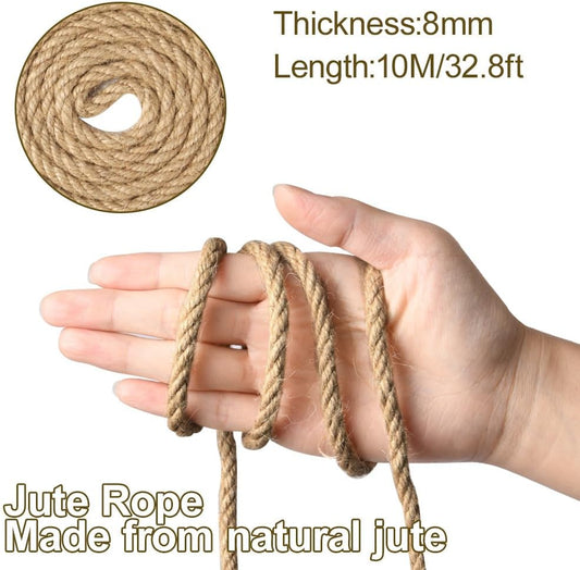 10m jute rope - 8mm thick jute rope - naturally braided jute garden rope for cat scratching post rope - gardening - camping - decoration - gift wrapping and craft decoration (brown).