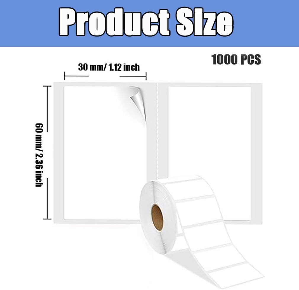 1000 pieces of labels on a roll - food labels - self-adhesive blank labels 60 × 30 mm - white - removable. Suitable for frozen products - kitchens - supermarkets - office supplies - refrigerators - laboratory refrigerators - jam - spices.