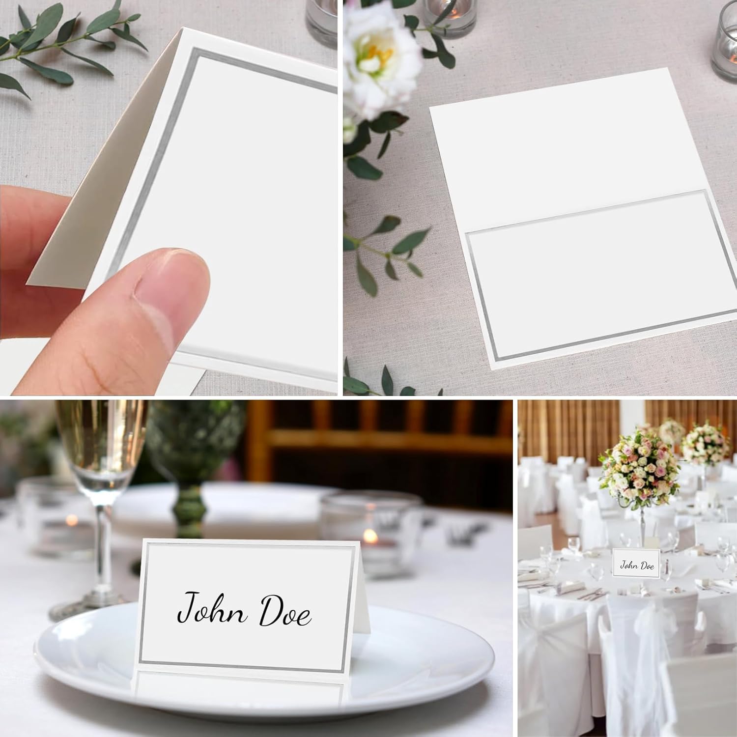 50 silver-edged table decorations reception seating place cards - rectangular plate cards for wedding dinner.