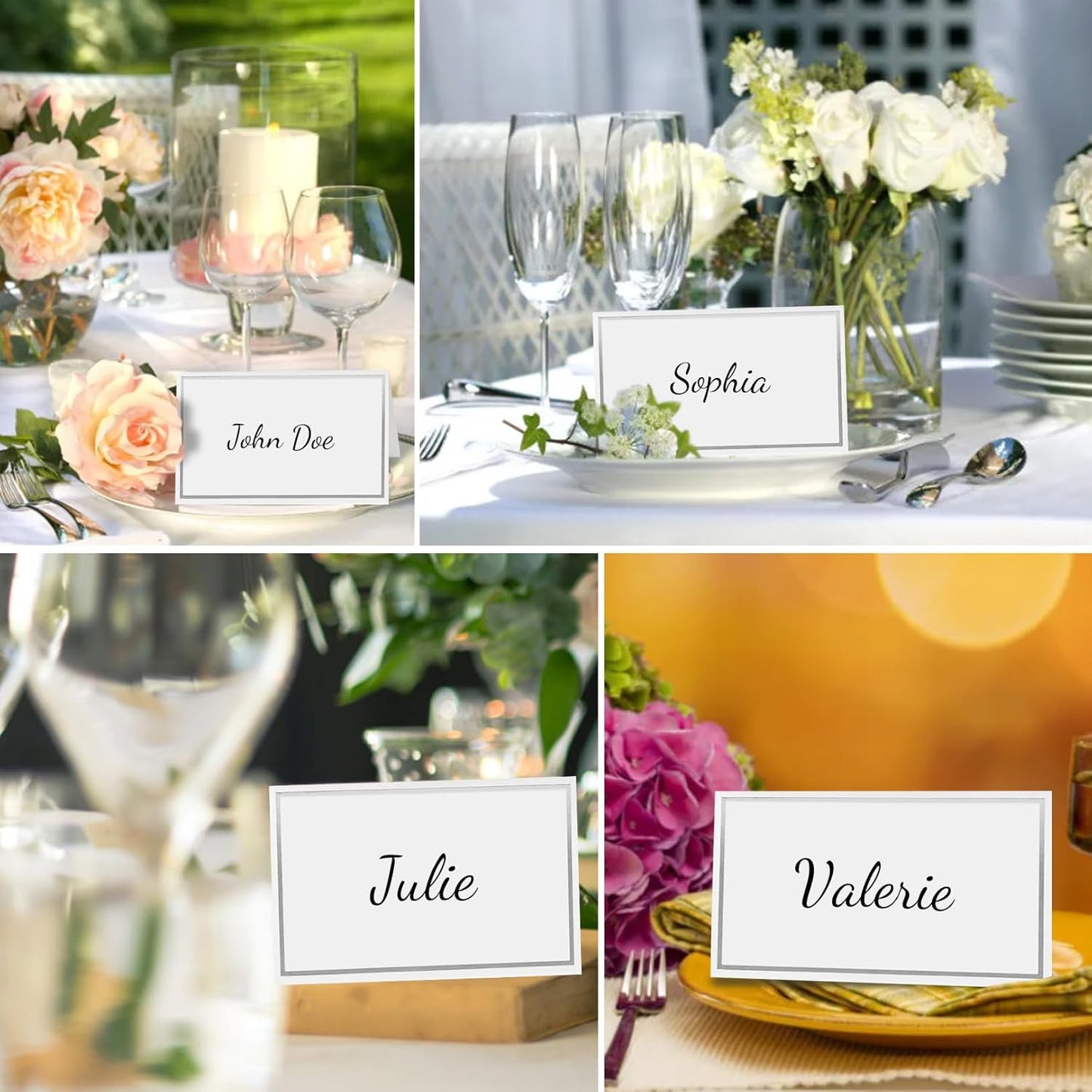 50 silver-edged table decorations reception seating place cards - rectangular plate cards for wedding dinner.