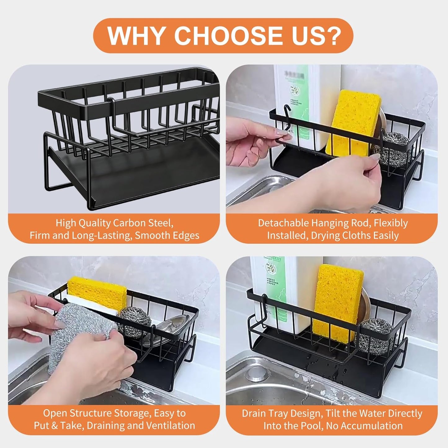 Multifunctional kitchen sink caddy - black stainless steel sponge holder - countertop cleaning rack with removable cloth holder - dish drying rack for kitchen and bathroom (black)