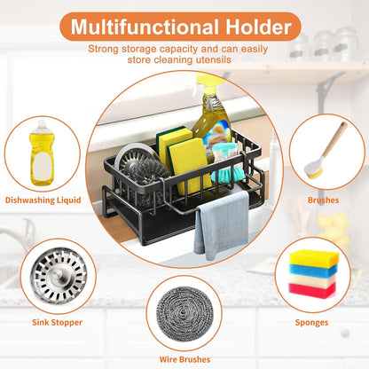 Multifunctional kitchen sink caddy - black stainless steel sponge holder - countertop cleaning rack with removable cloth holder - dish drying rack for kitchen and bathroom (black)