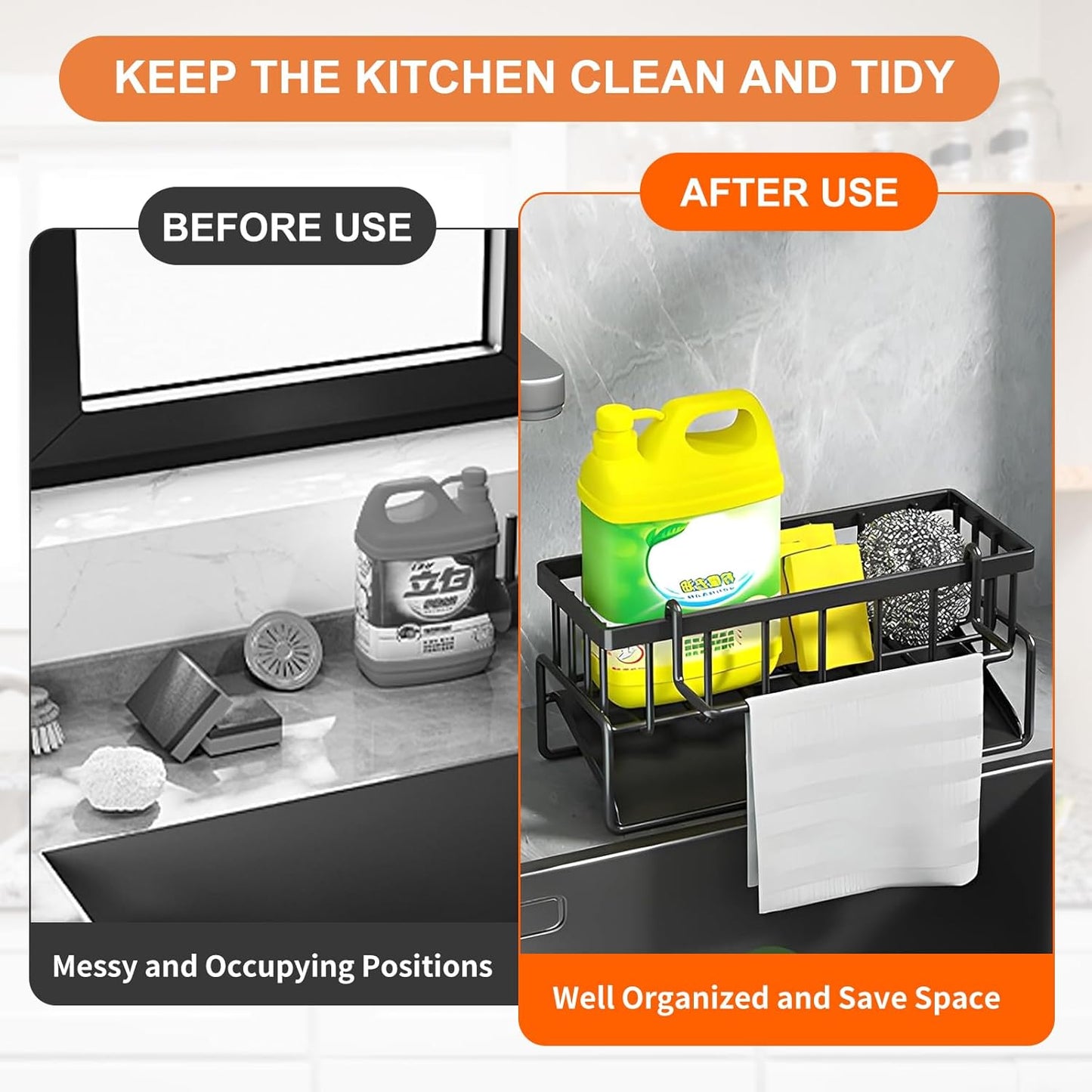Multifunctional kitchen sink caddy - black stainless steel sponge holder - countertop cleaning rack with removable cloth holder - dish drying rack for kitchen and bathroom (black)