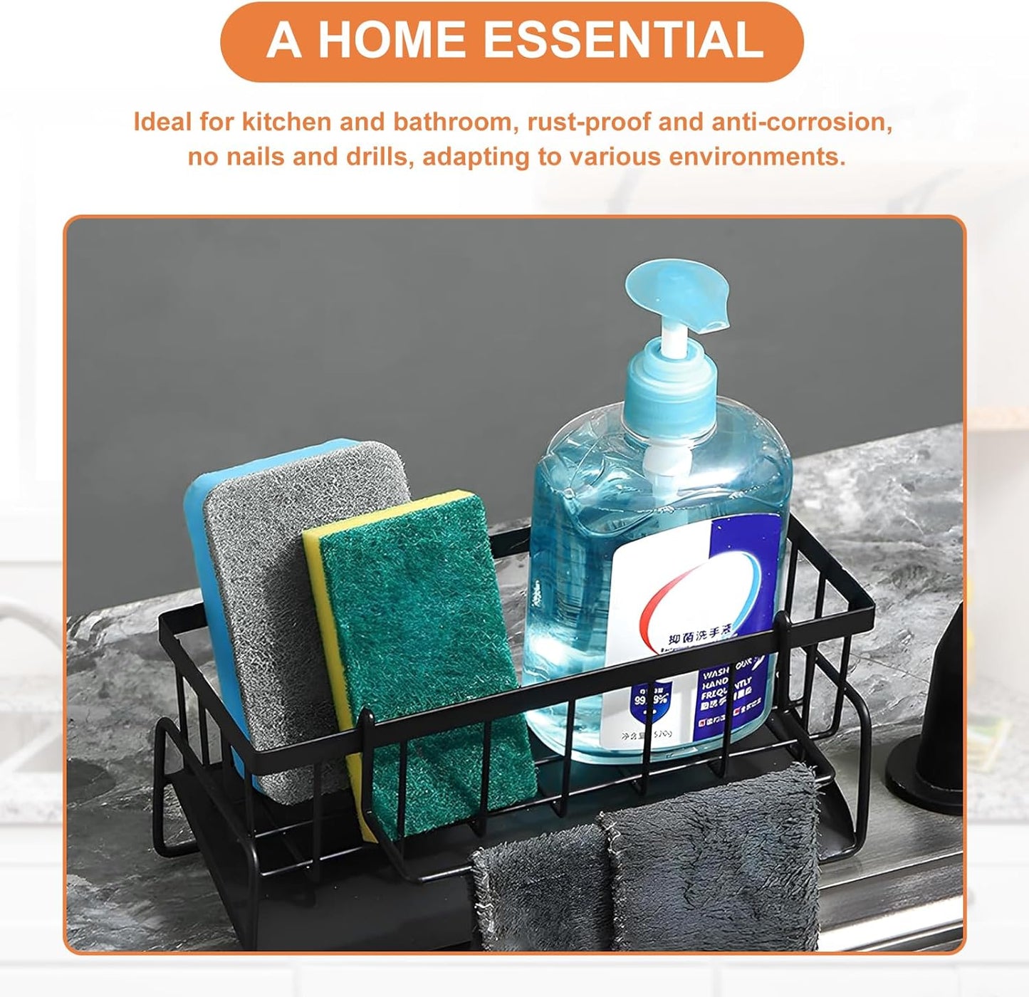 Multifunctional kitchen sink caddy - black stainless steel sponge holder - countertop cleaning rack with removable cloth holder - dish drying rack for kitchen and bathroom (black)