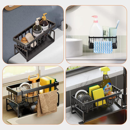 Multifunctional kitchen sink caddy - black stainless steel sponge holder - countertop cleaning rack with removable cloth holder - dish drying rack for kitchen and bathroom (black)