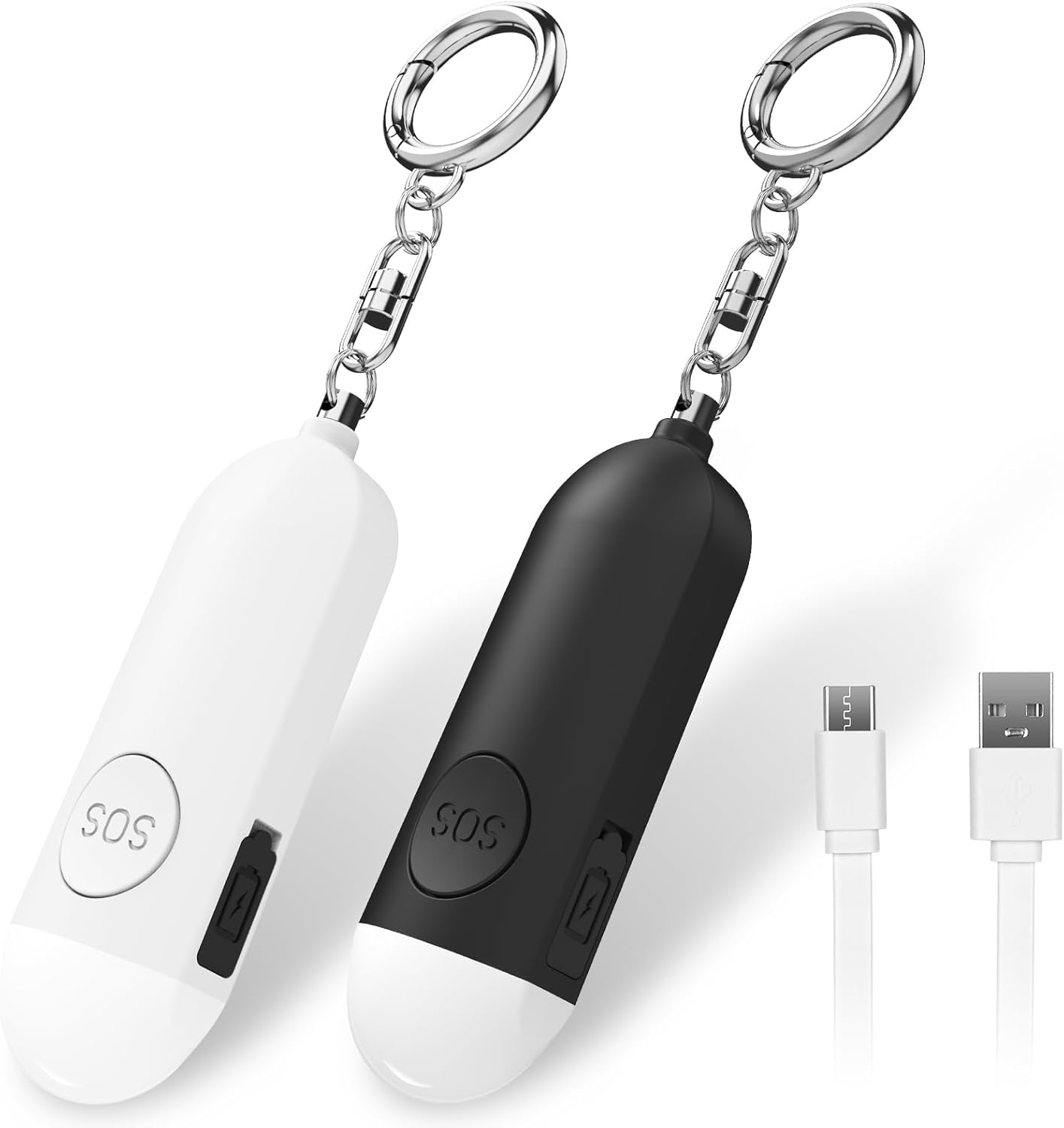 Alarm - Torch - 2-pack - 130dB - Personal alarm - Security alarm - Rechargeable - Emergency siren - with LED light - Keychain - (Black & White).