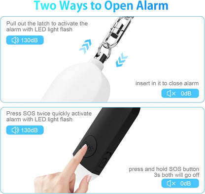 Alarm - Torch - 2-pack - 130dB - Personal alarm - Security alarm - Rechargeable - Emergency siren - with LED light - Keychain - (Black & White).