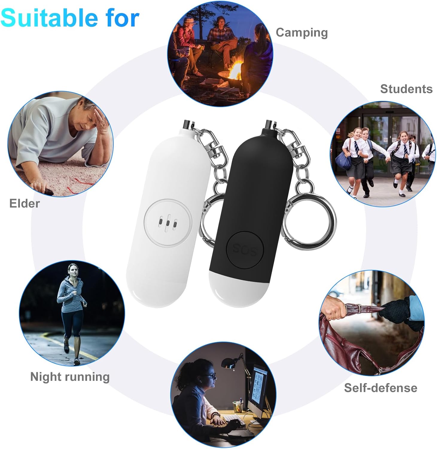 Alarm - Torch - 2-pack - 130dB - Personal alarm - Security alarm - Rechargeable - Emergency siren - with LED light - Keychain - (Black & White).