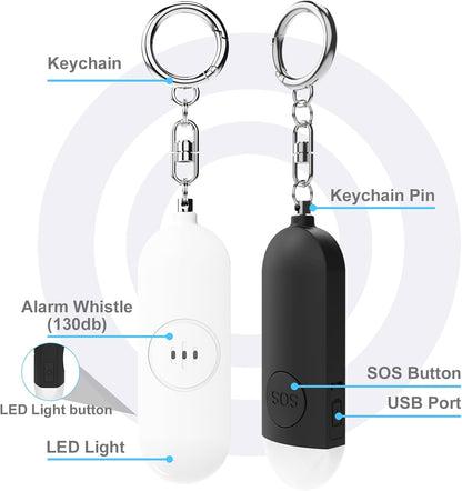 Alarm - Torch - 2-pack - 130dB - Personal alarm - Security alarm - Rechargeable - Emergency siren - with LED light - Keychain - (Black & White).