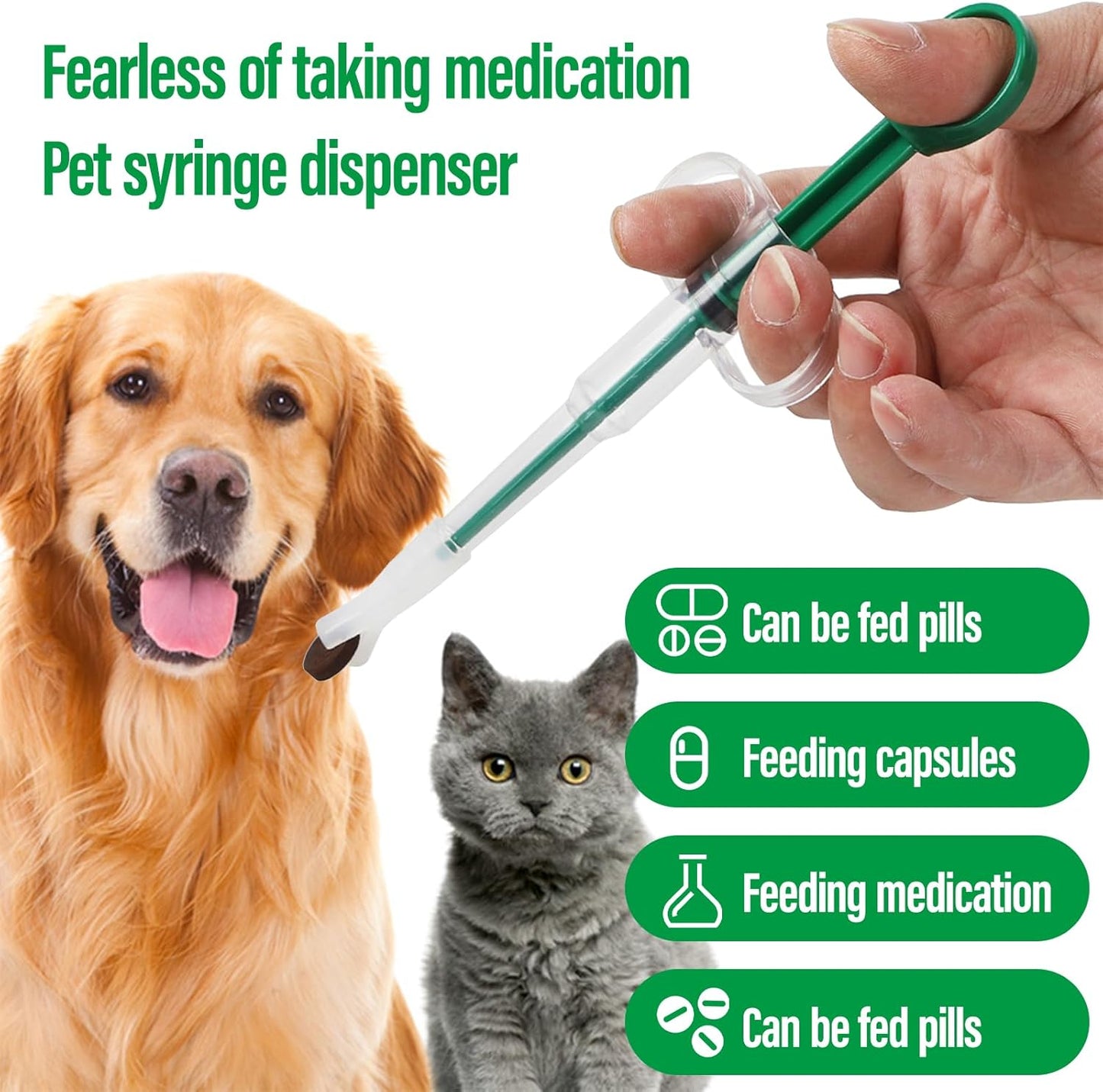 Two-piece set with pet pill poppers, cat pill poppers and cat pill dispensers. Reusable cat pill poppers. Green pill poppers with soft tips for safety and reliability. Handy for both cats and dogs..