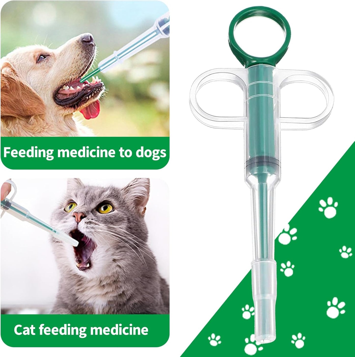 Two-piece set with pet pill poppers, cat pill poppers and cat pill dispensers. Reusable cat pill poppers. Green pill poppers with soft tips for safety and reliability. Handy for both cats and dogs..