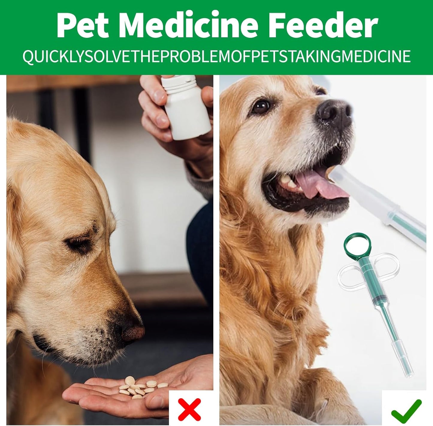 Two-piece set with pet pill poppers, cat pill poppers and cat pill dispensers. Reusable cat pill poppers. Green pill poppers with soft tips for safety and reliability. Handy for both cats and dogs..