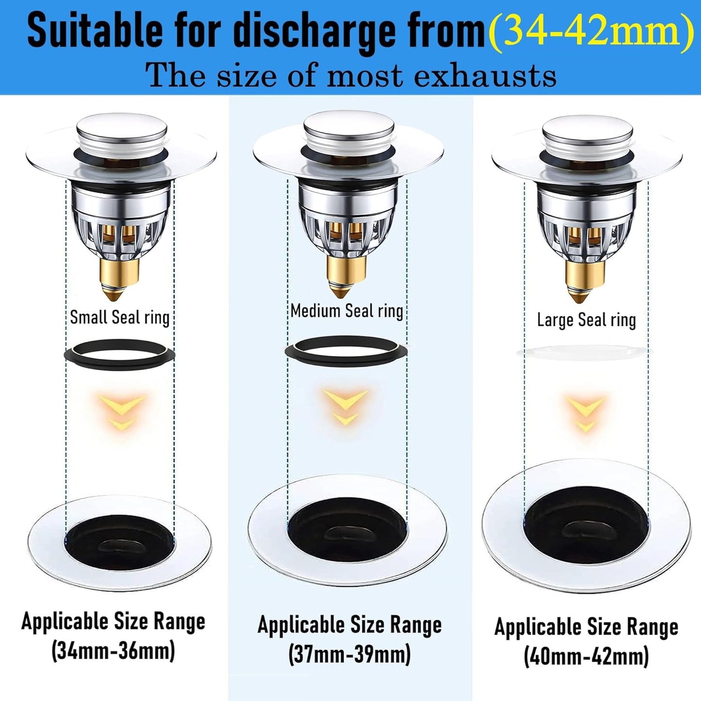 Gootsteenplug, universal, stainless steel strainer for collapsible sink plugs, drain plug for sinks 34-42 mm, suitable for bathtubs and sinks (34-42 mm)