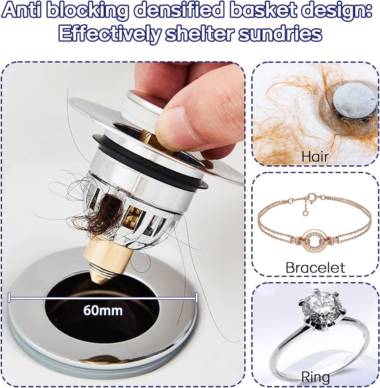 Gootsteenplug, universal, stainless steel strainer for collapsible sink plugs, drain plug for sinks 34-42 mm, suitable for bathtubs and sinks (34-42 mm)